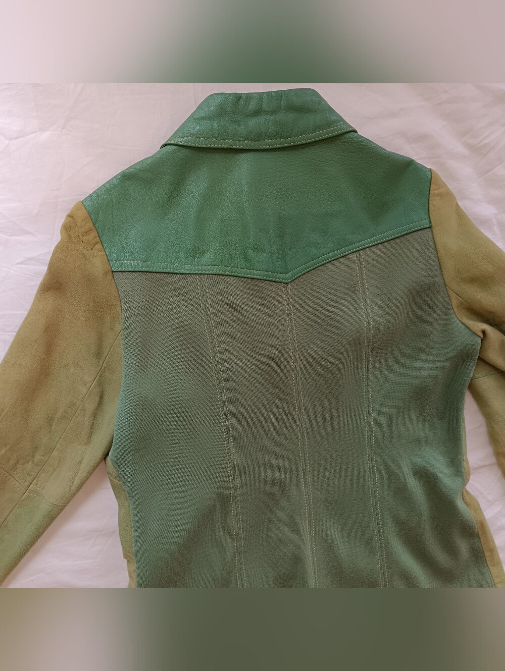 Rare True Vintage 70s Multi Tone Green Suede Leather Knit Back Tailored Jacket - Picture 12 of 12